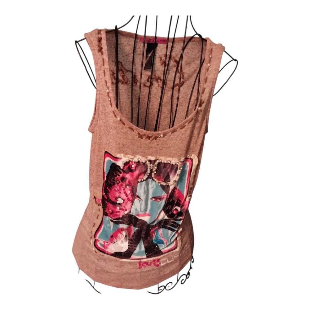 Custo Barcelona Pink Graphic Embellished Tank Top